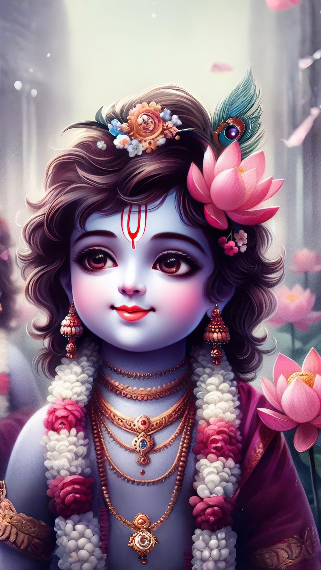 Smiling baby Krishna with lotus flowers