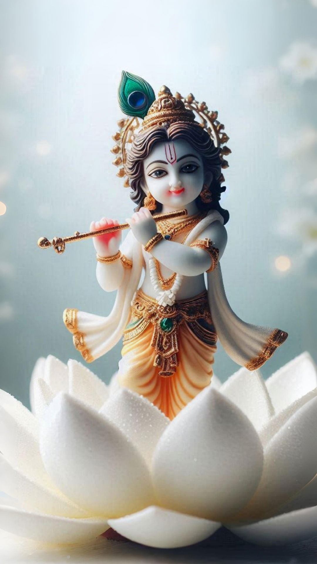 Little Krishna playing flute on lotus
