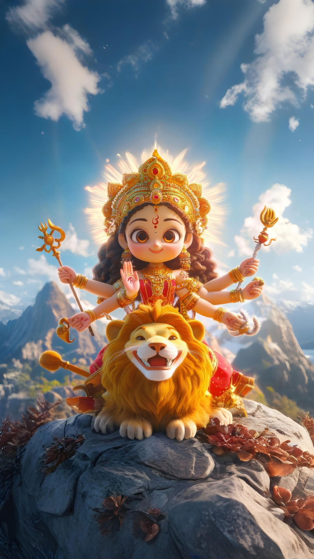 Durga Maa riding a lion, divine protection.