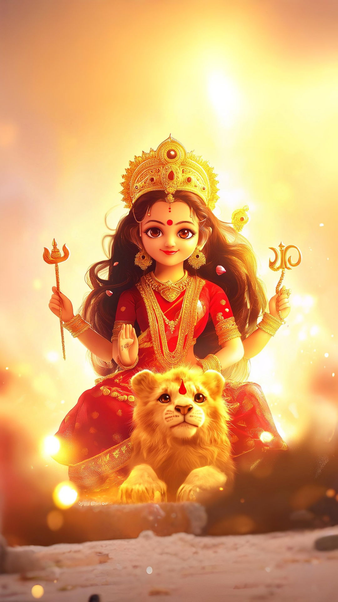 Goddess Durga seated with lion and lotus