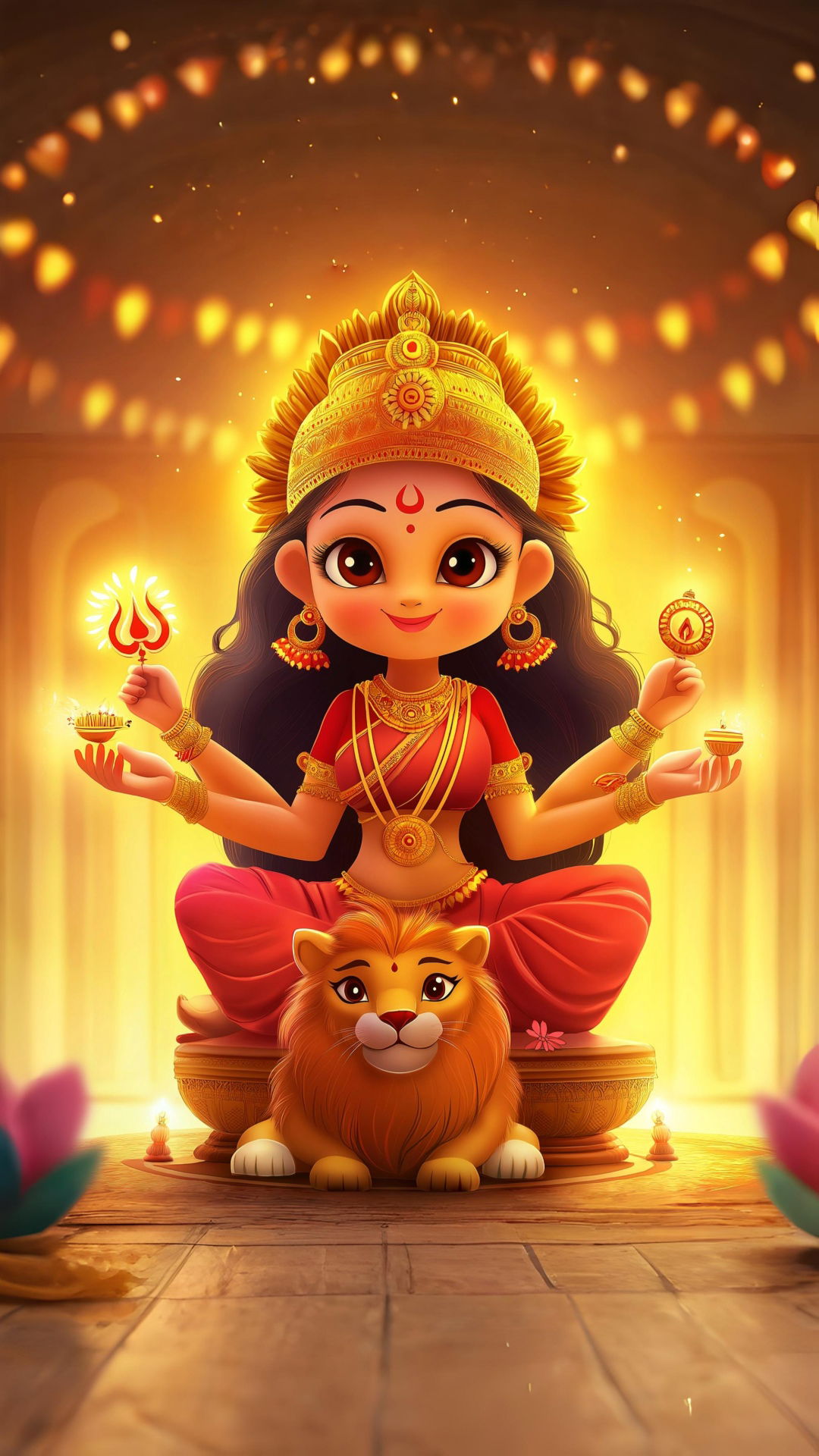 Goddess Durga with lion and trident.