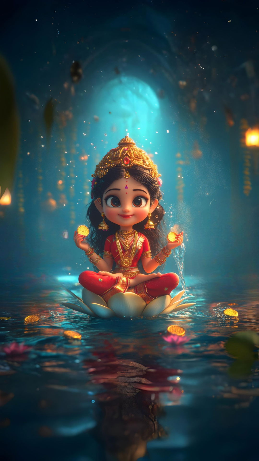 Lakshmi seated on a lotus flower.