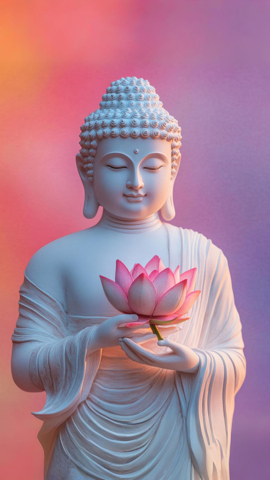 Buddha holding a pink lotus flower.