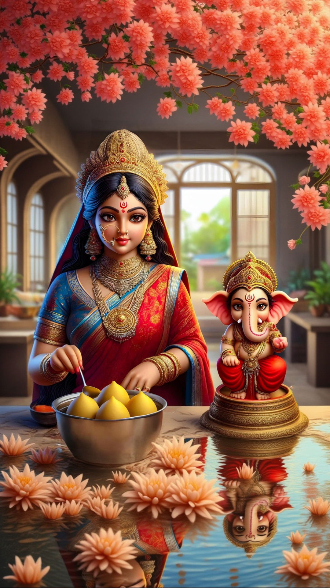Durga prepares modaks with Ganesha