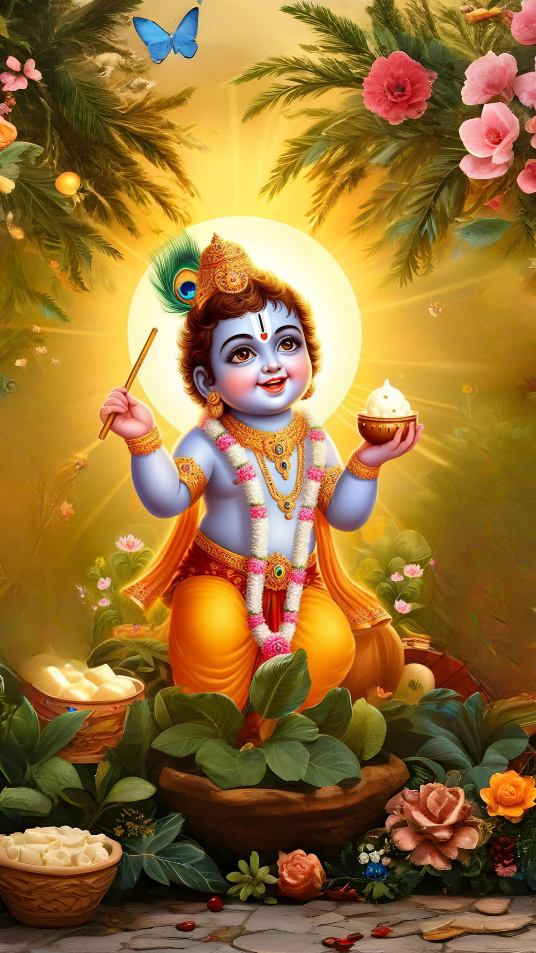 Baby Krishna holding butter and flute