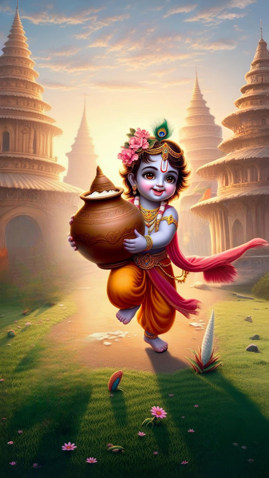 Baby Krishna stealing butter, divine image.