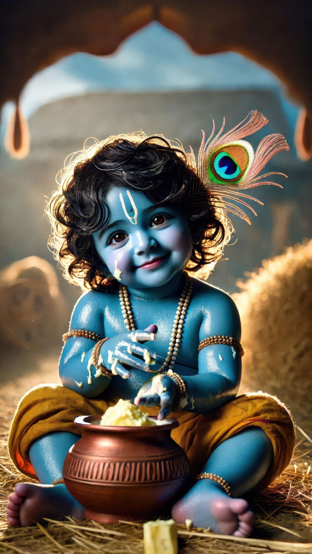Adorable baby Krishna enjoying makhan.
