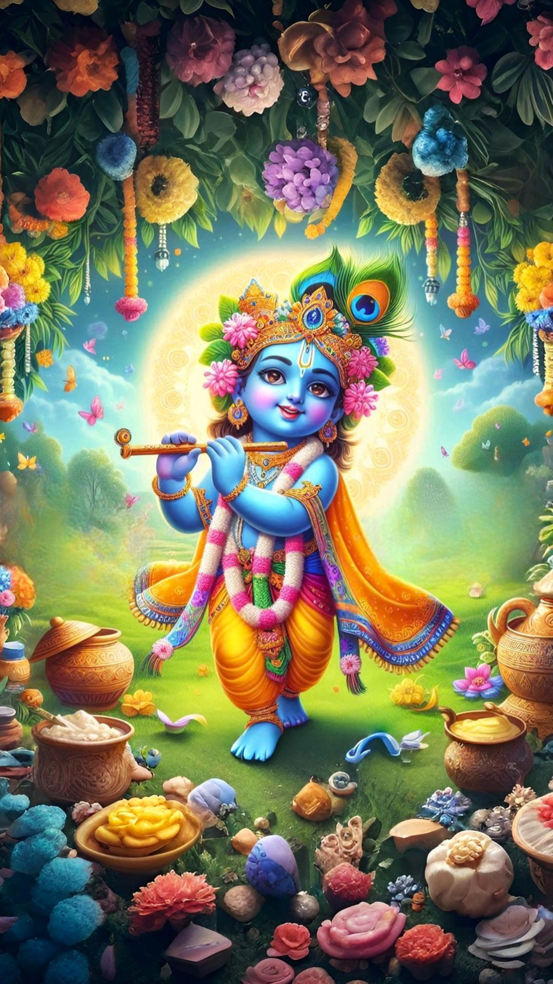 Baby Krishna playing flute, floral backdrop.