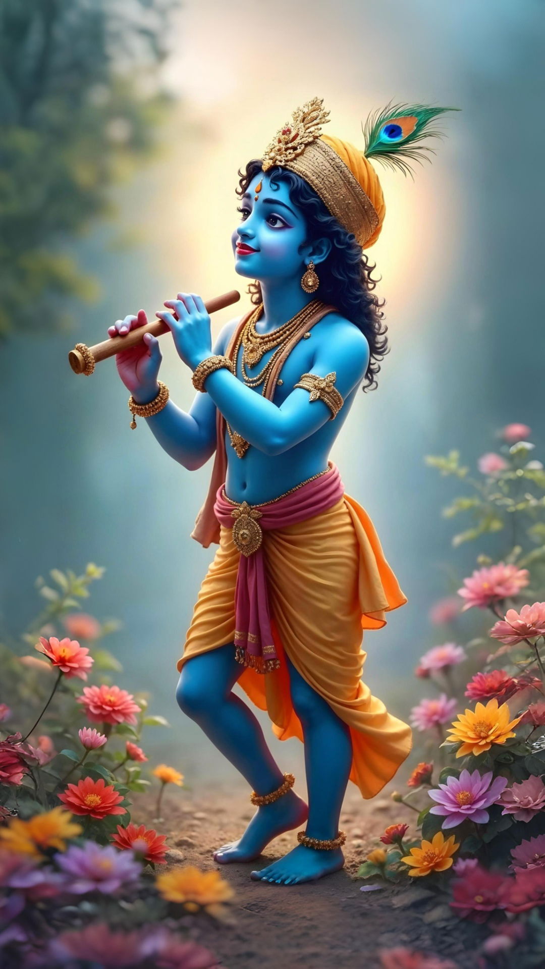 Krishna playing flute amidst flowers