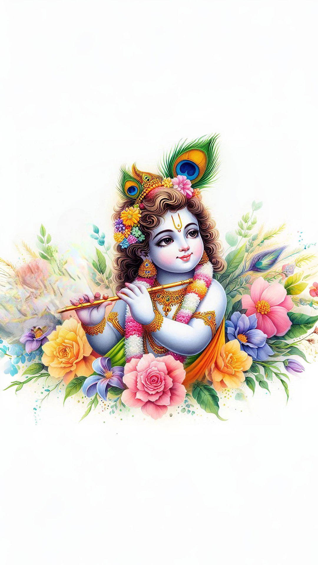 Krishna playing flute amidst flowers