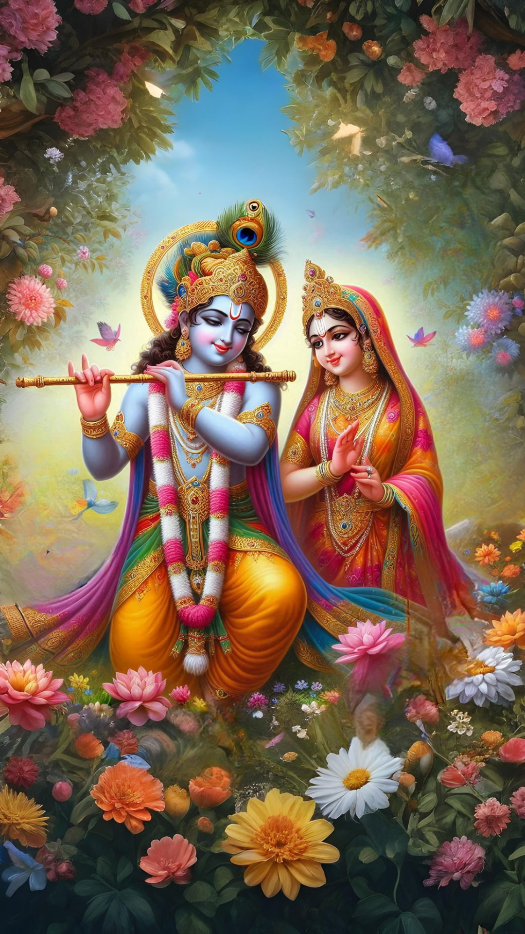 Krishna and Radha in floral setting