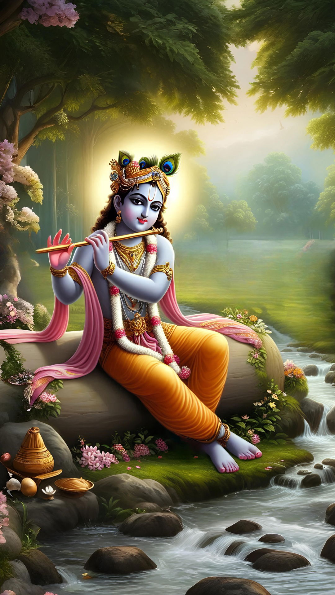 Krishna playing flute in forest