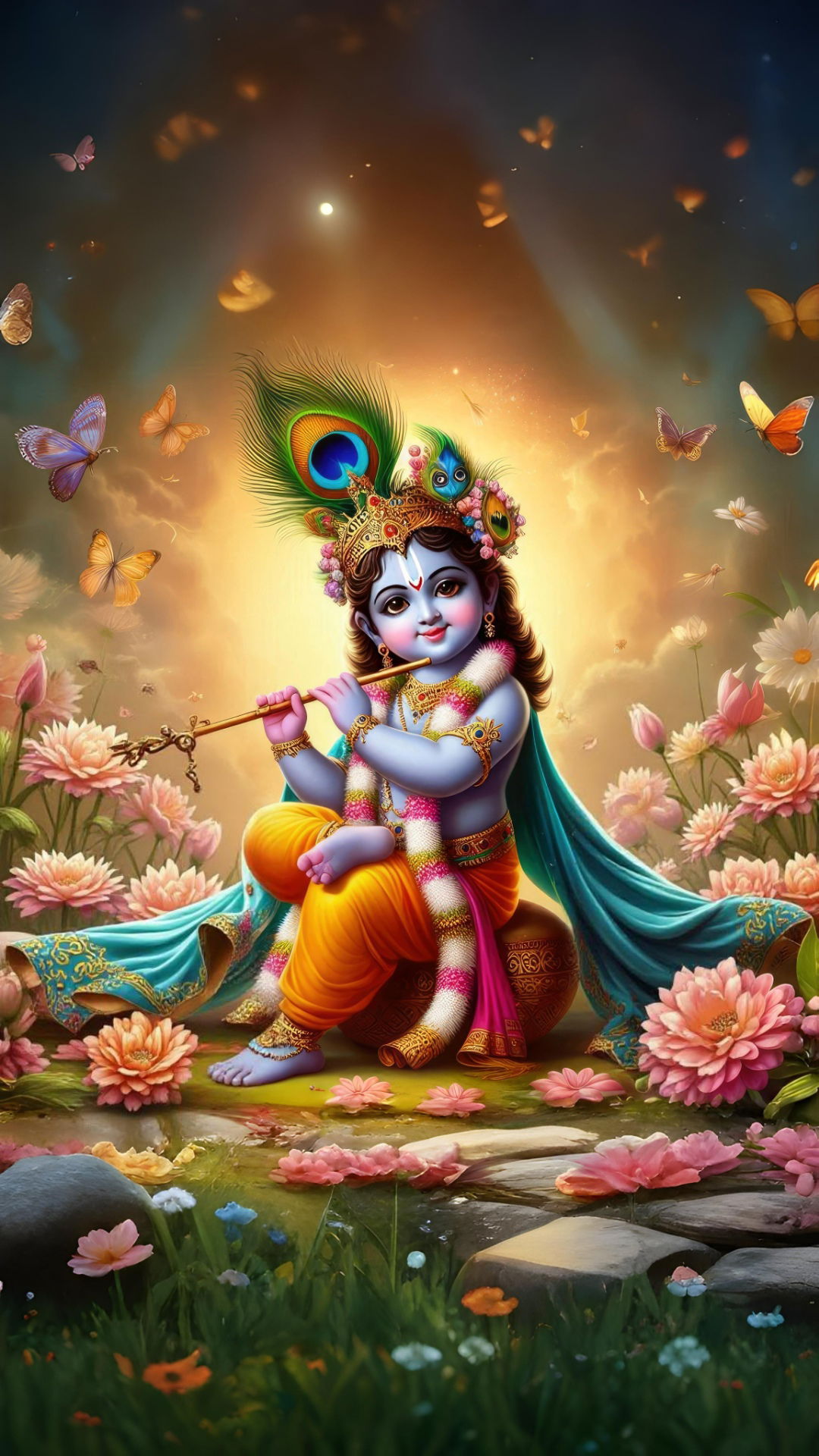Baby Krishna playing a flute in garden