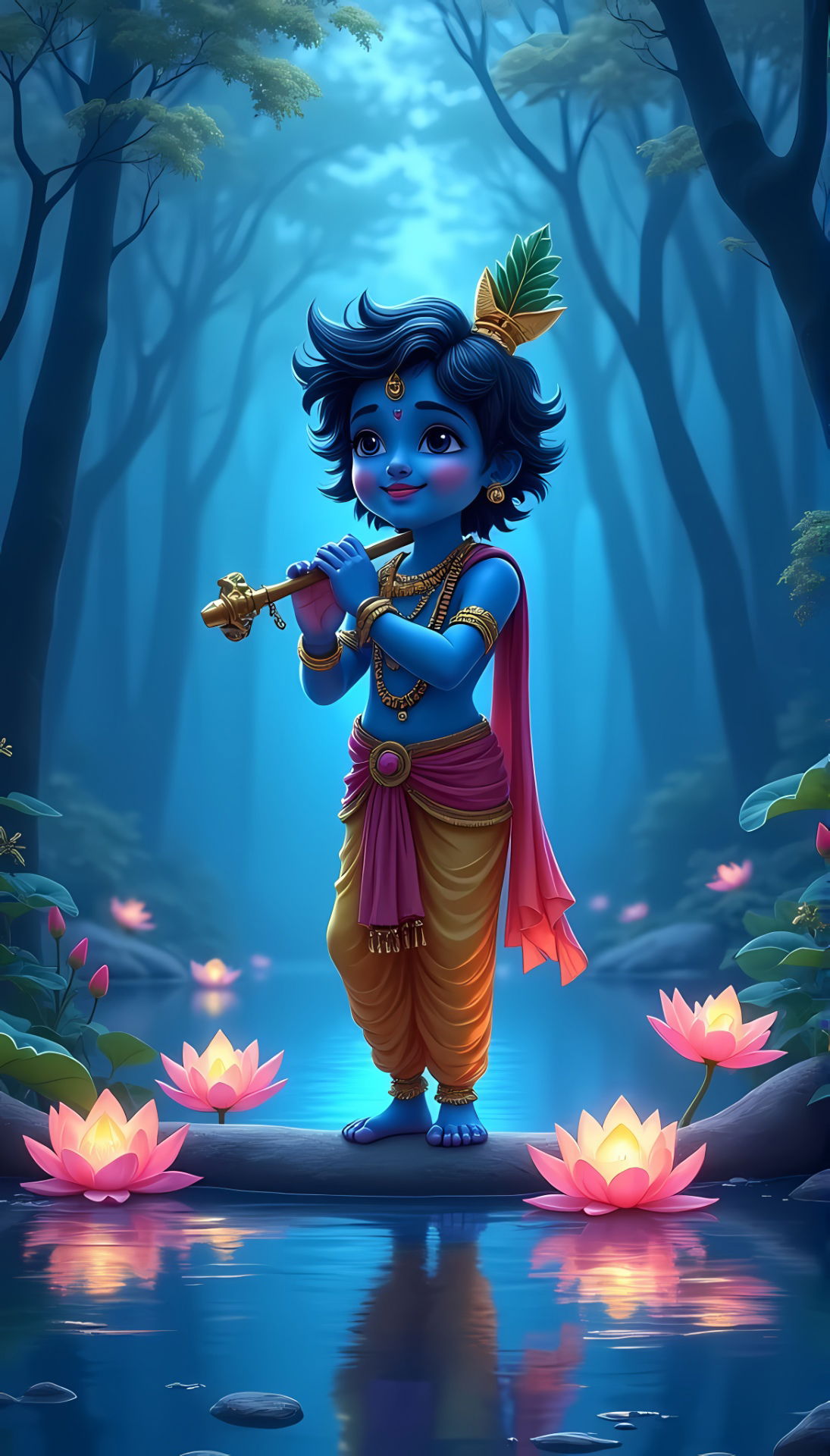 Baby Krishna playing flute in forest