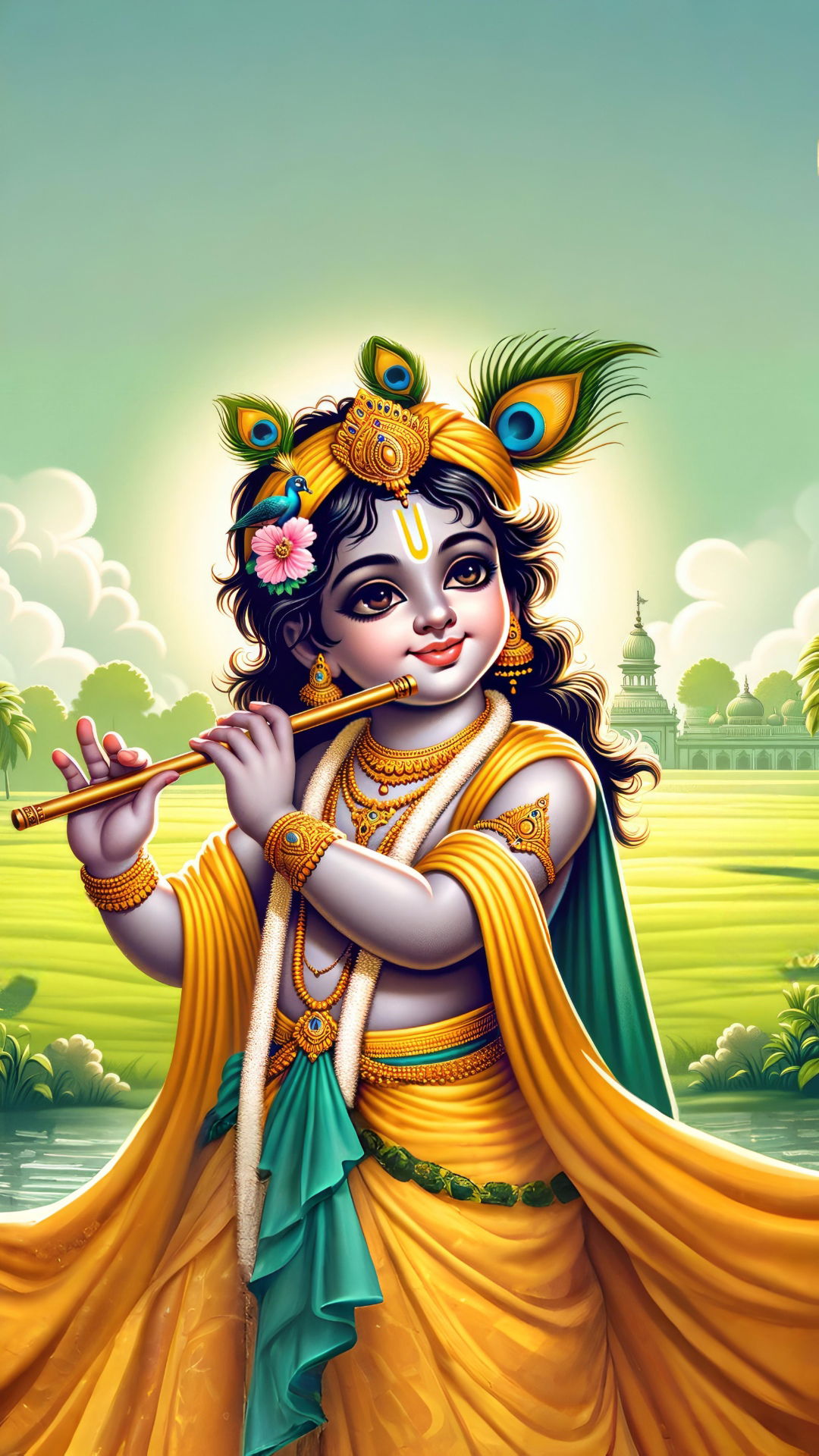 Young Krishna playing a flute sweetly.