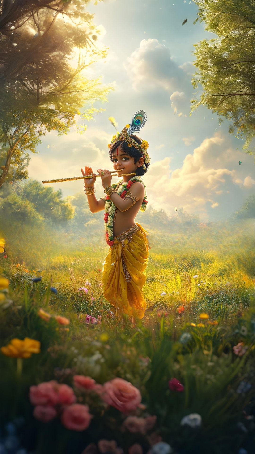 Cute Krishna playing a flute in field