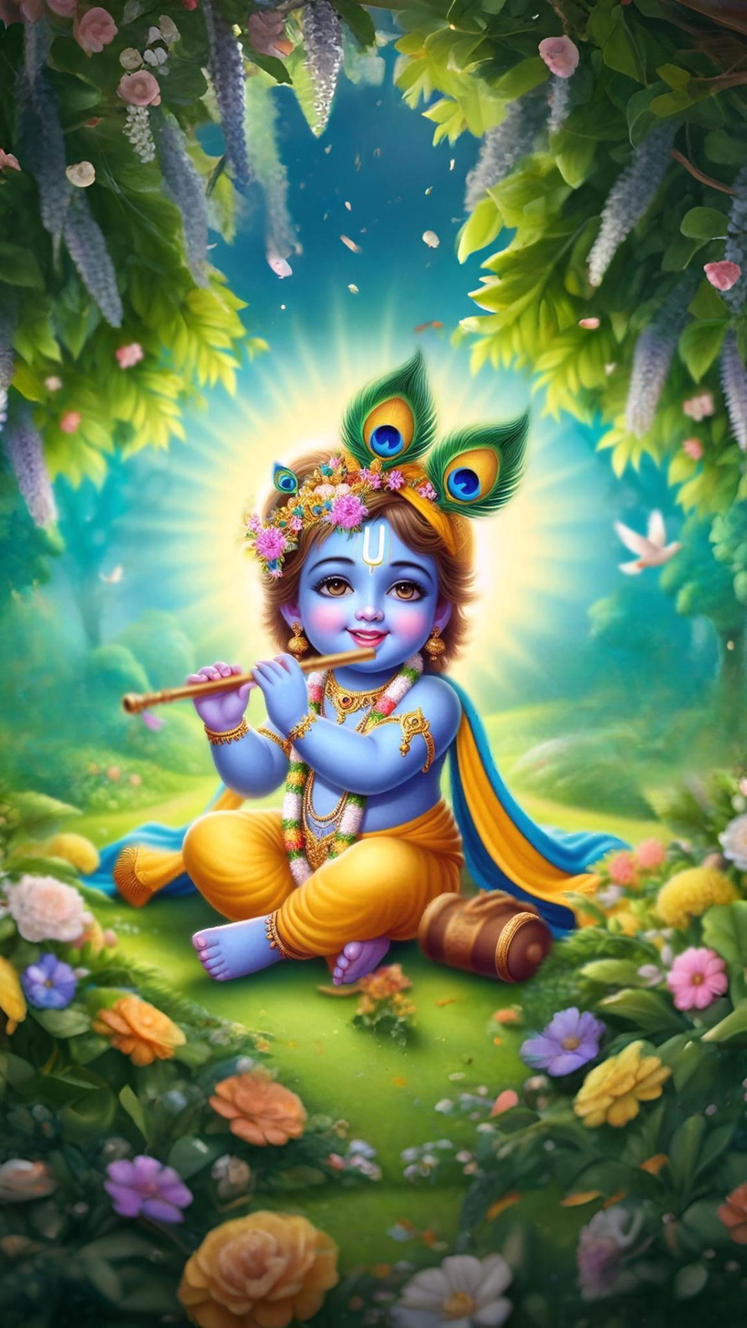 Baby Krishna playing flute amidst flowers