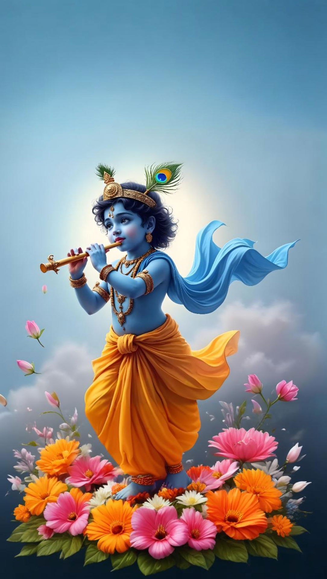 Krishna playing flute amongst flowers