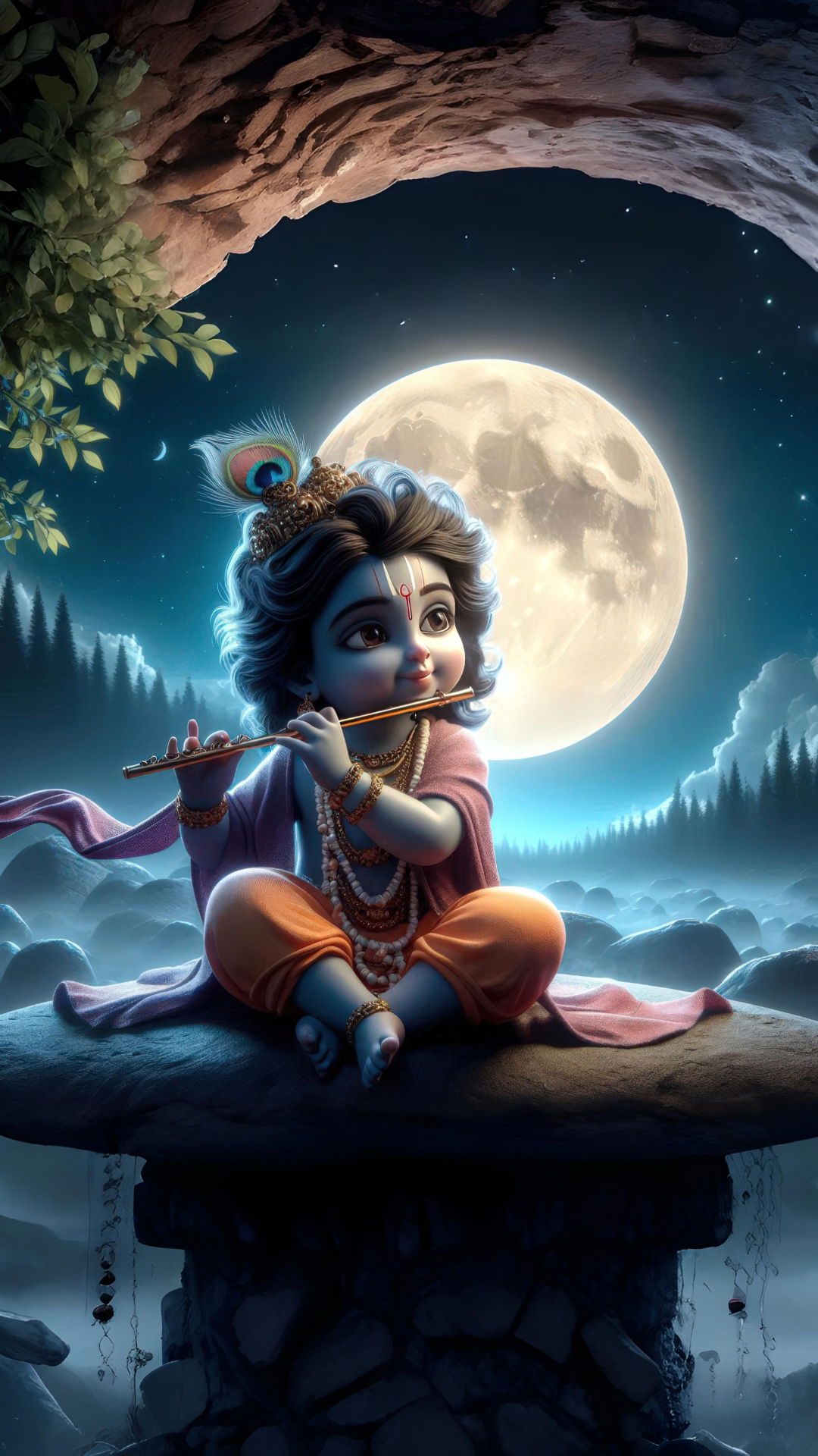 Baby Krishna playing flute under moon