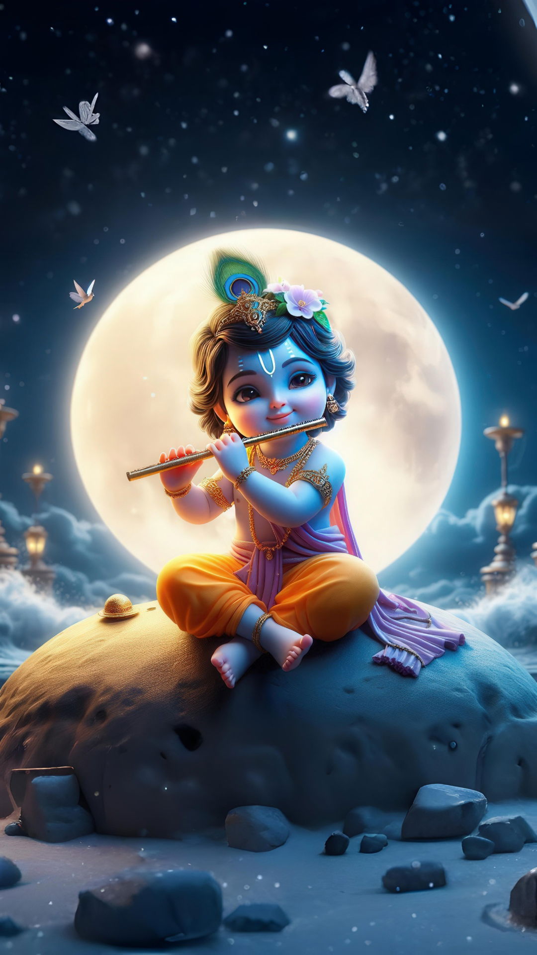 Baby Krishna playing the flute under moon
