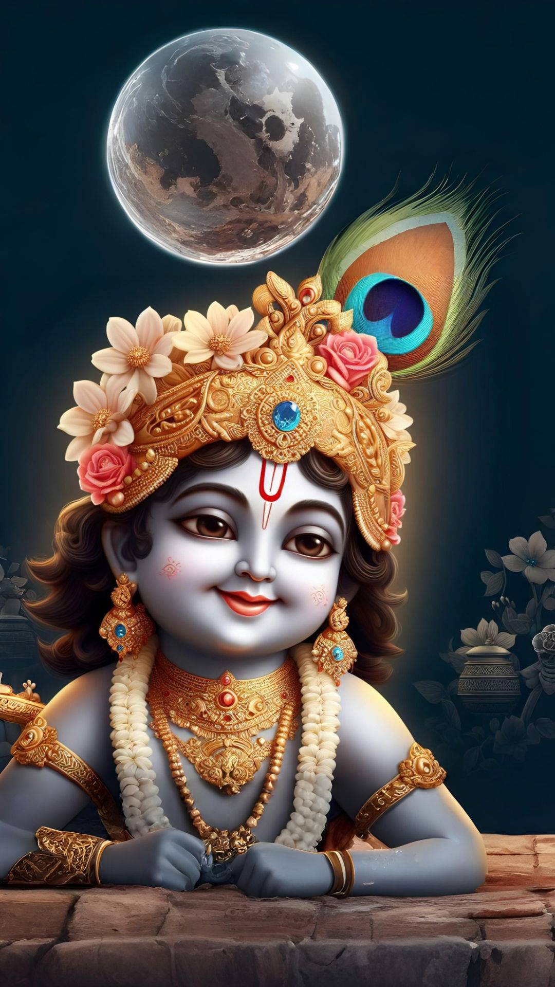 Baby Krishna with peacock feather and moon.