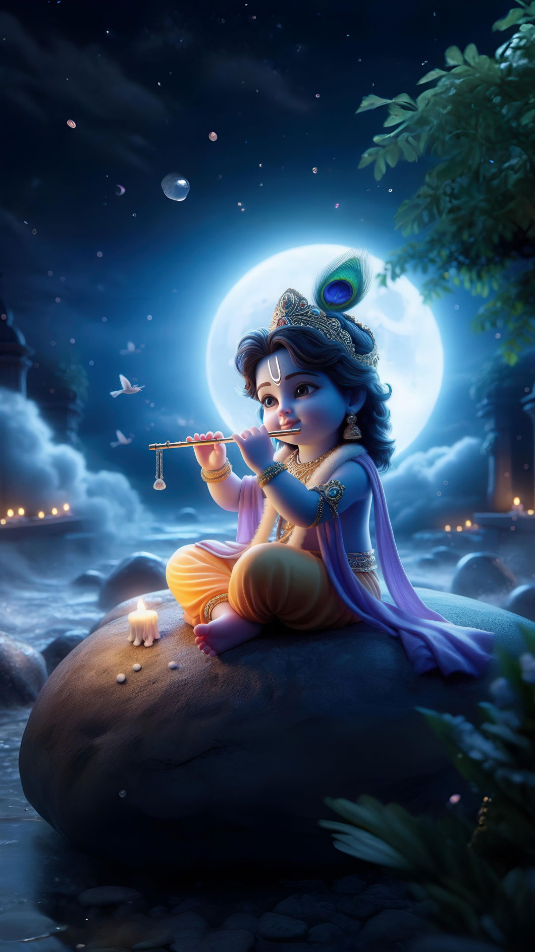 Baby Krishna playing a flute under moon.