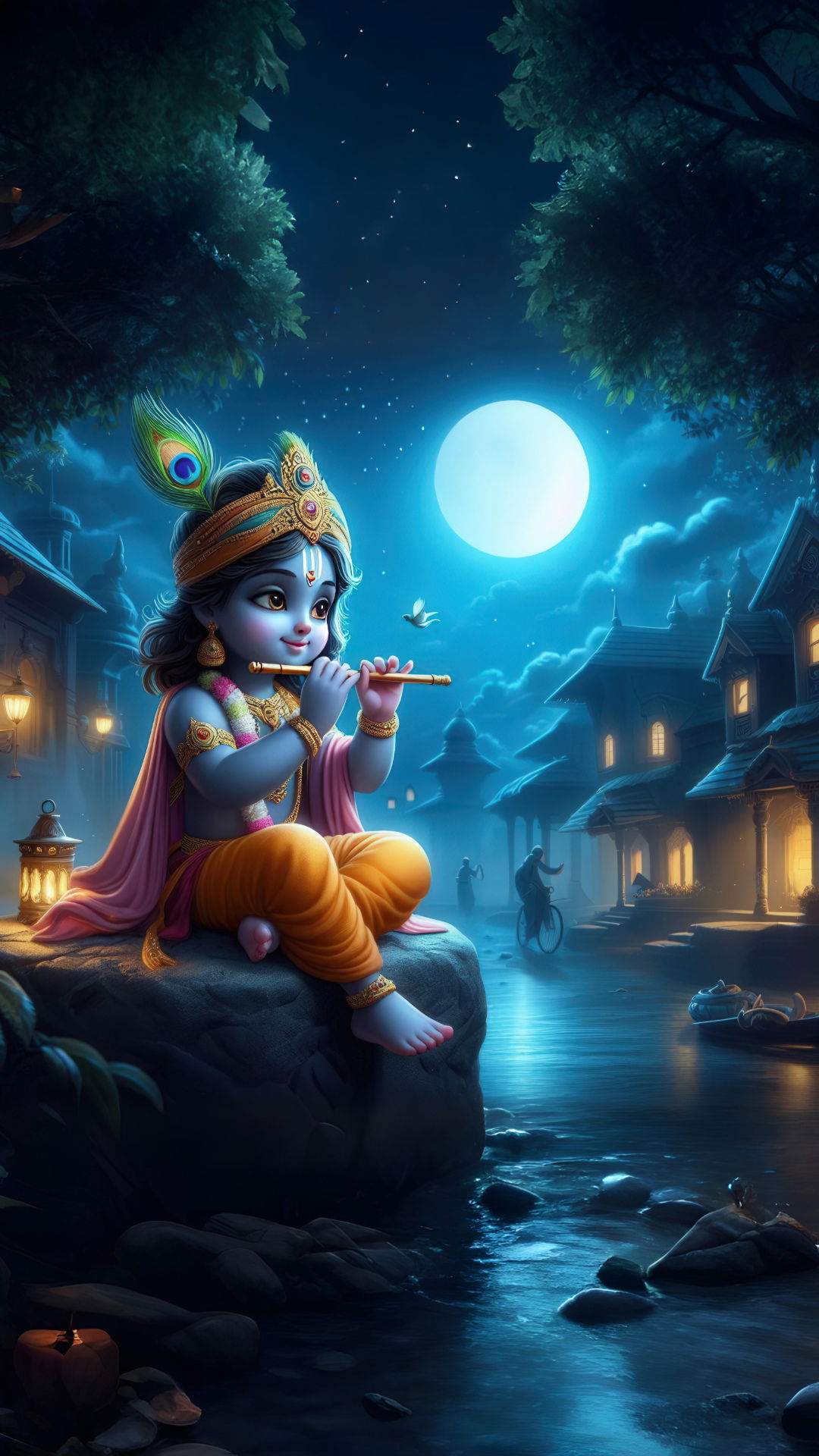 Baby Krishna playing flute under moonlight