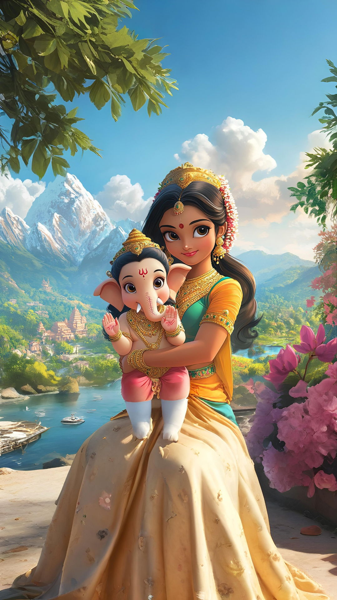 Parvati lovingly holds baby Ganesha.