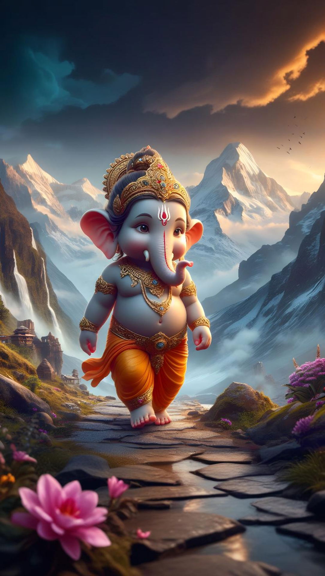 Ganesha walking amidst a mountain landscape