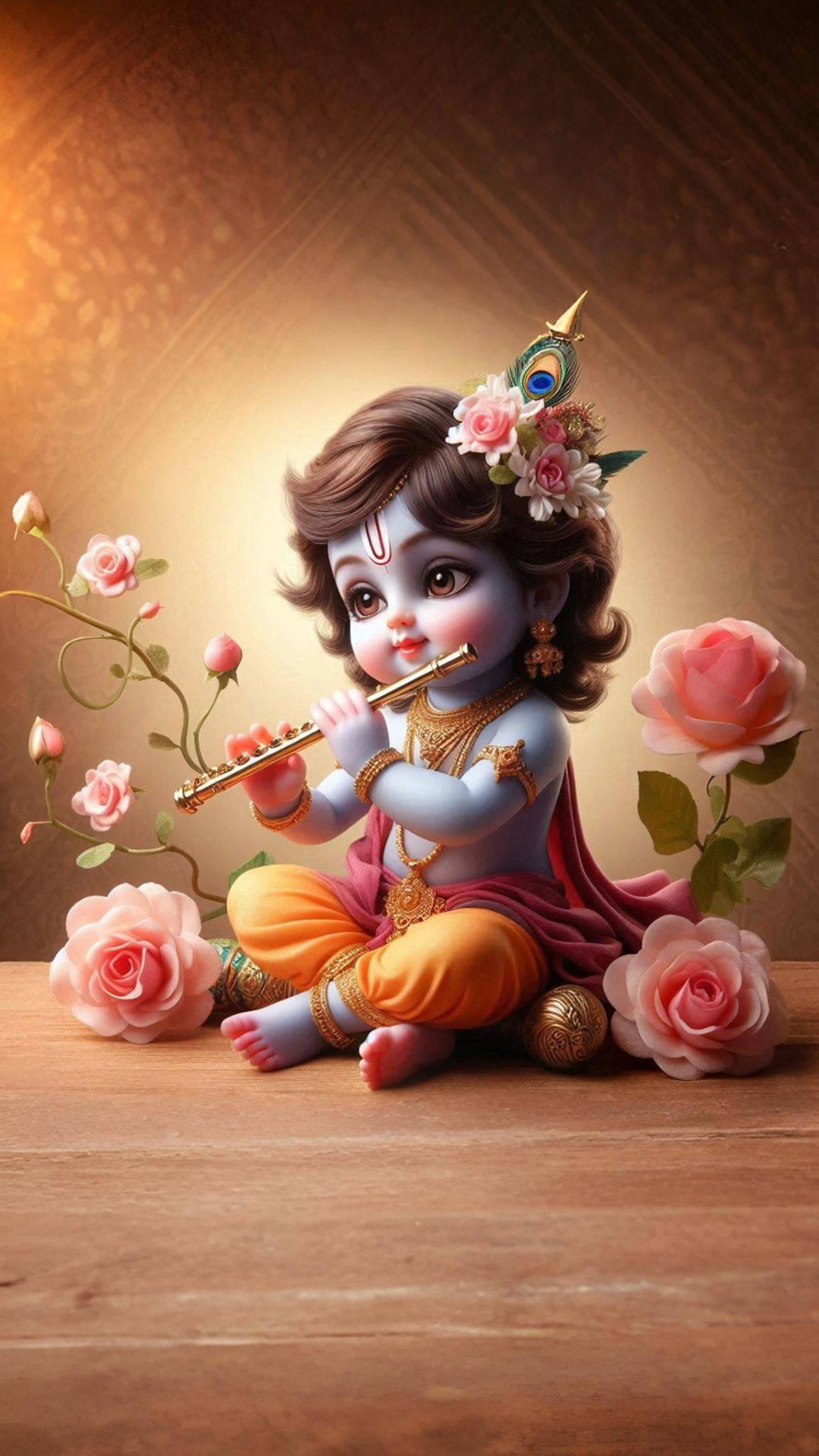 Baby Krishna playing a flute with roses