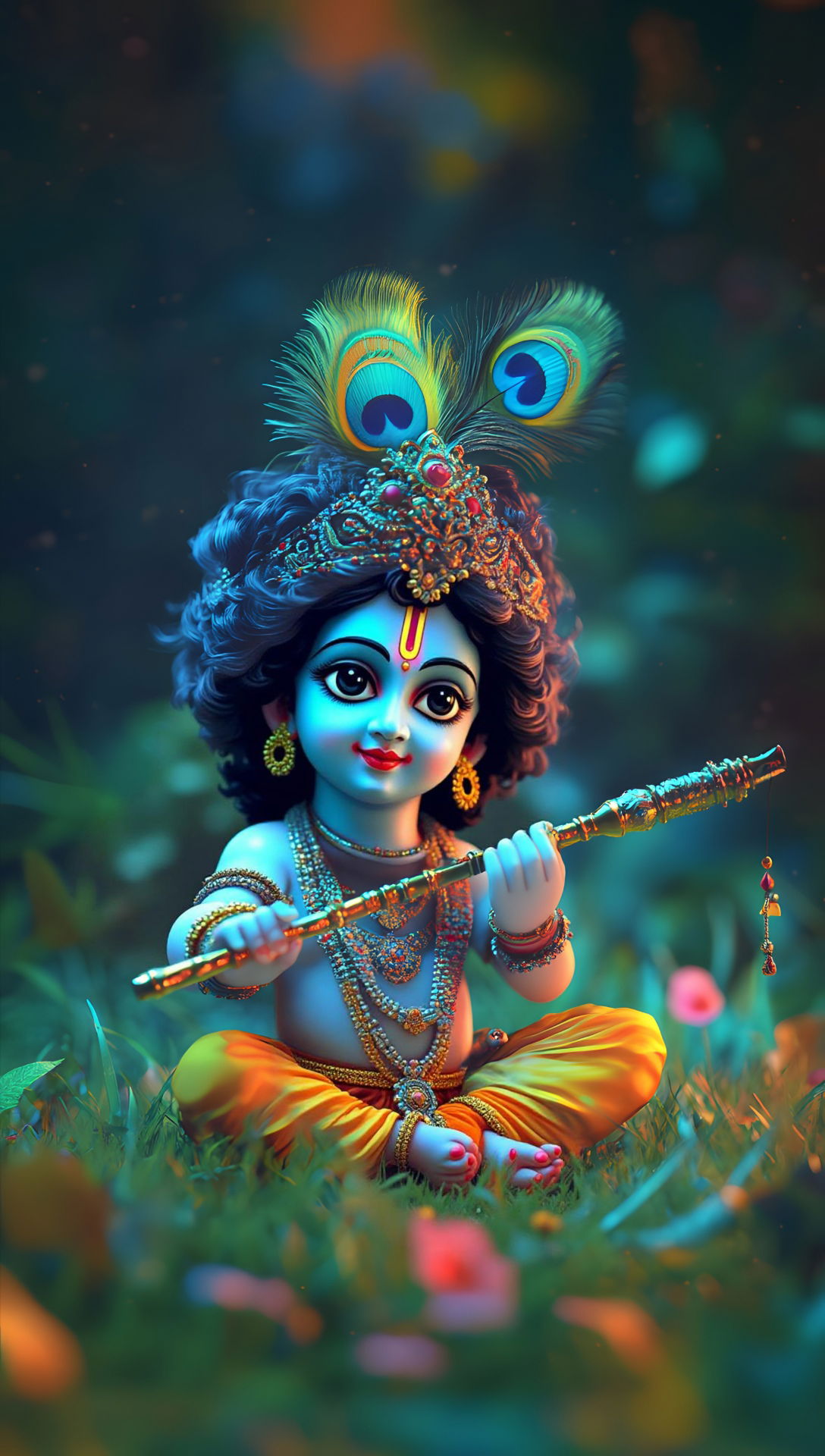 Baby Krishna playing a flute beautifully