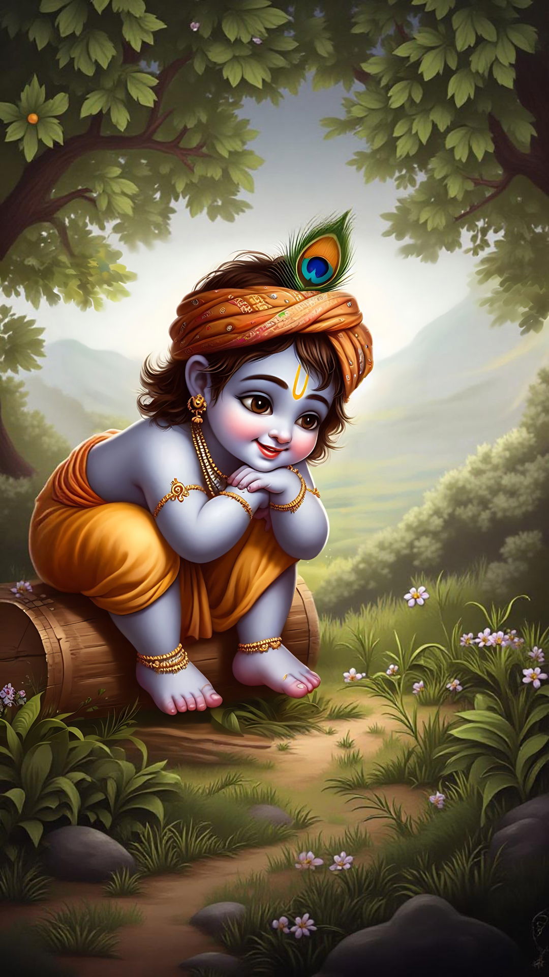 Baby Krishna sitting in a meadow