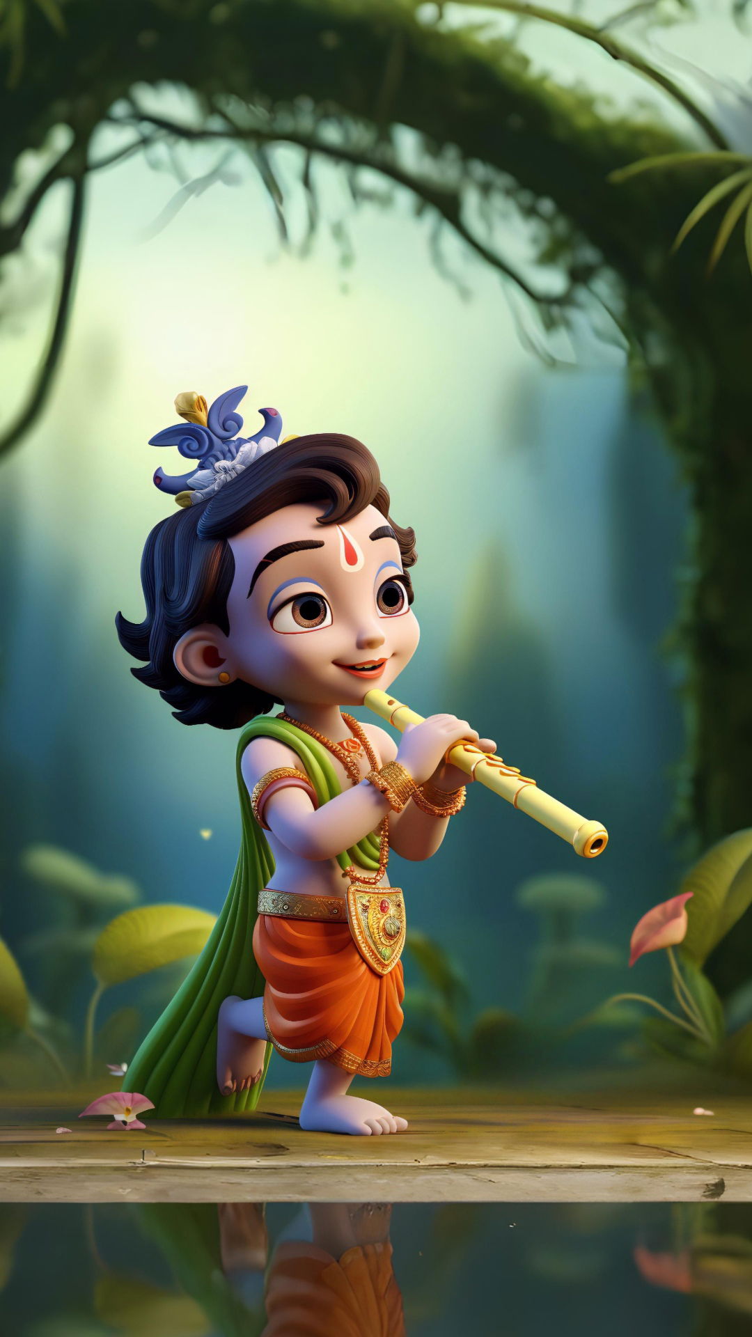 Baby Krishna playing a flute beautifully.