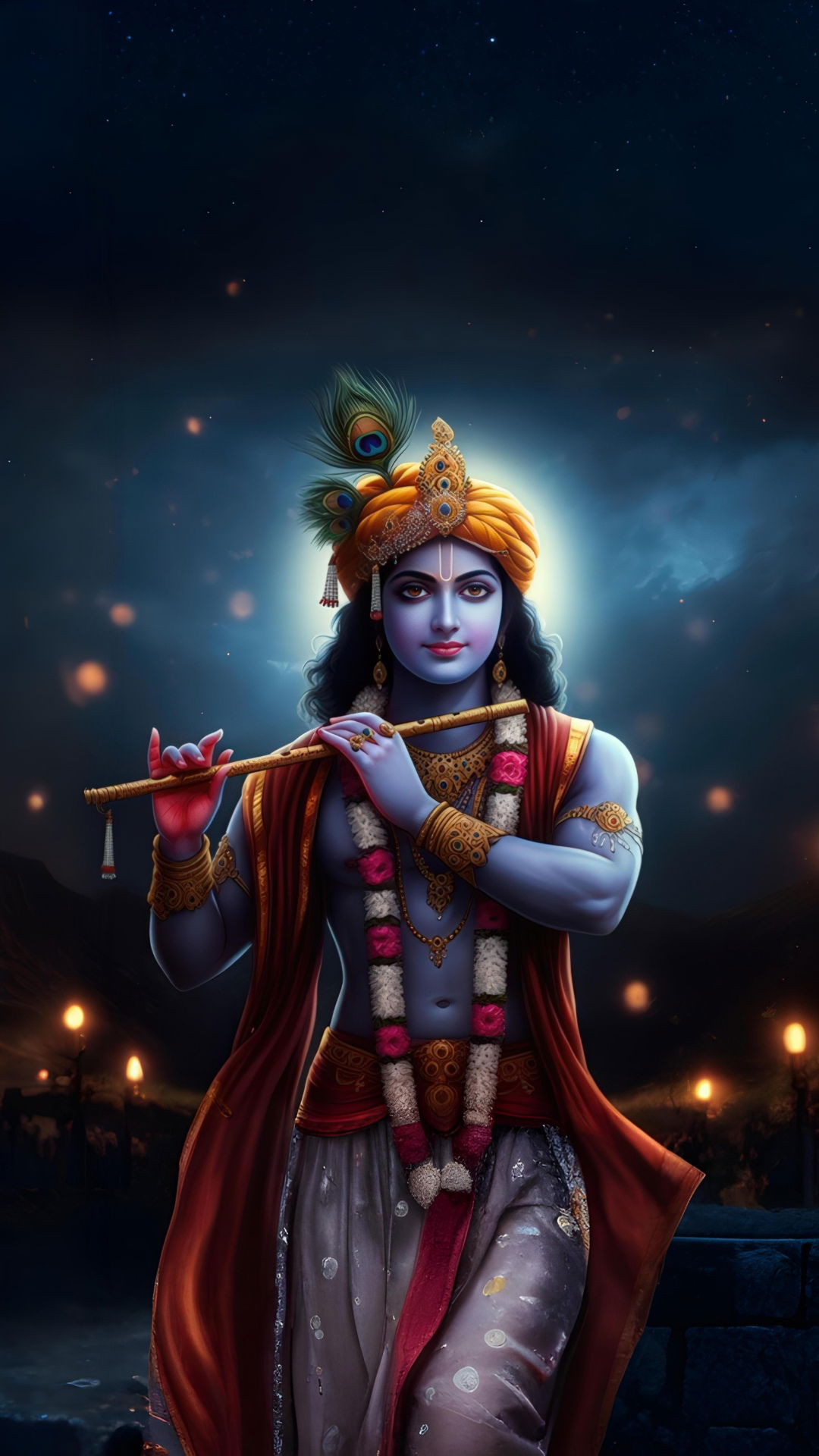 Krishna playing flute under starry night