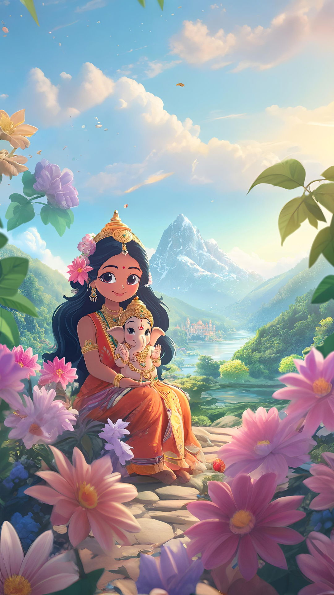 Parvati and Ganesha in serene landscape