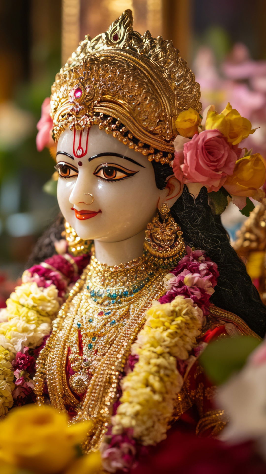 Goddess with flowers, peaceful portrait.