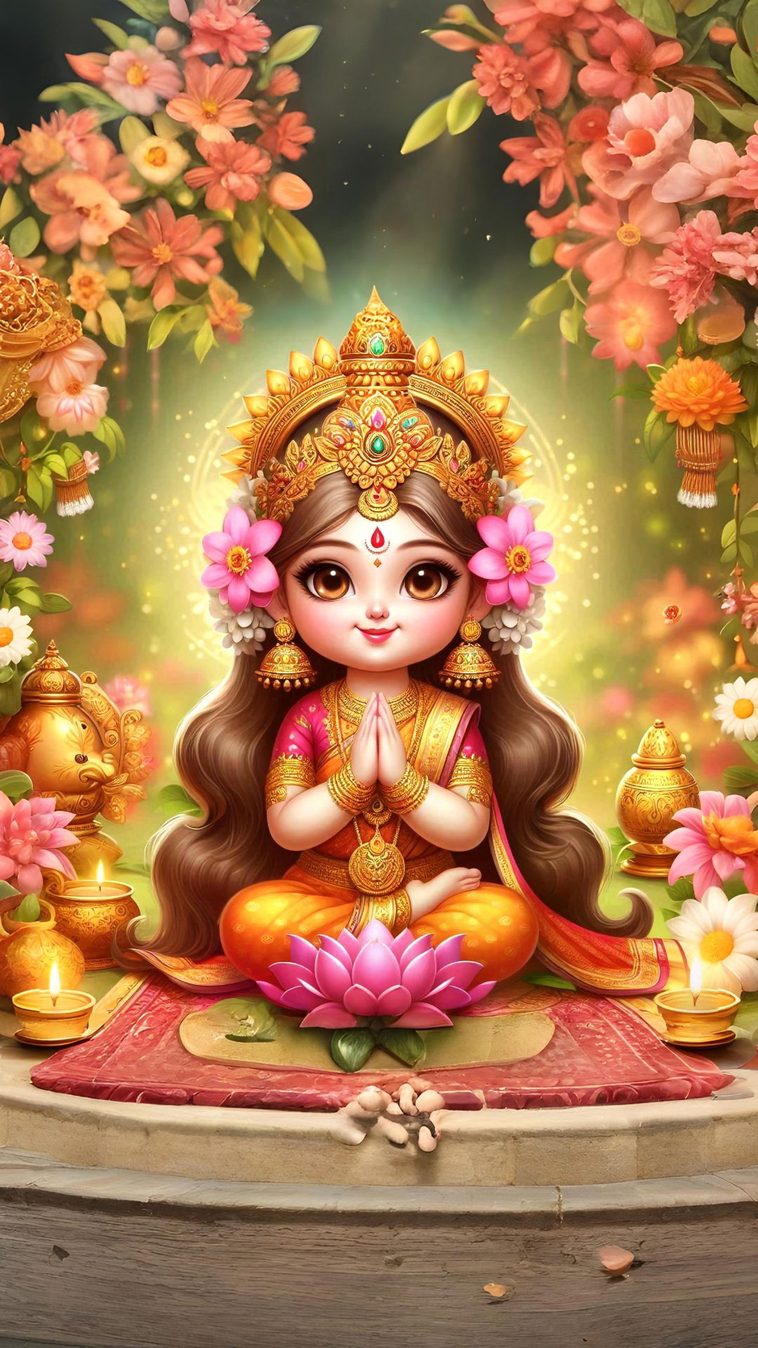 Little Durga with lotus and flowers