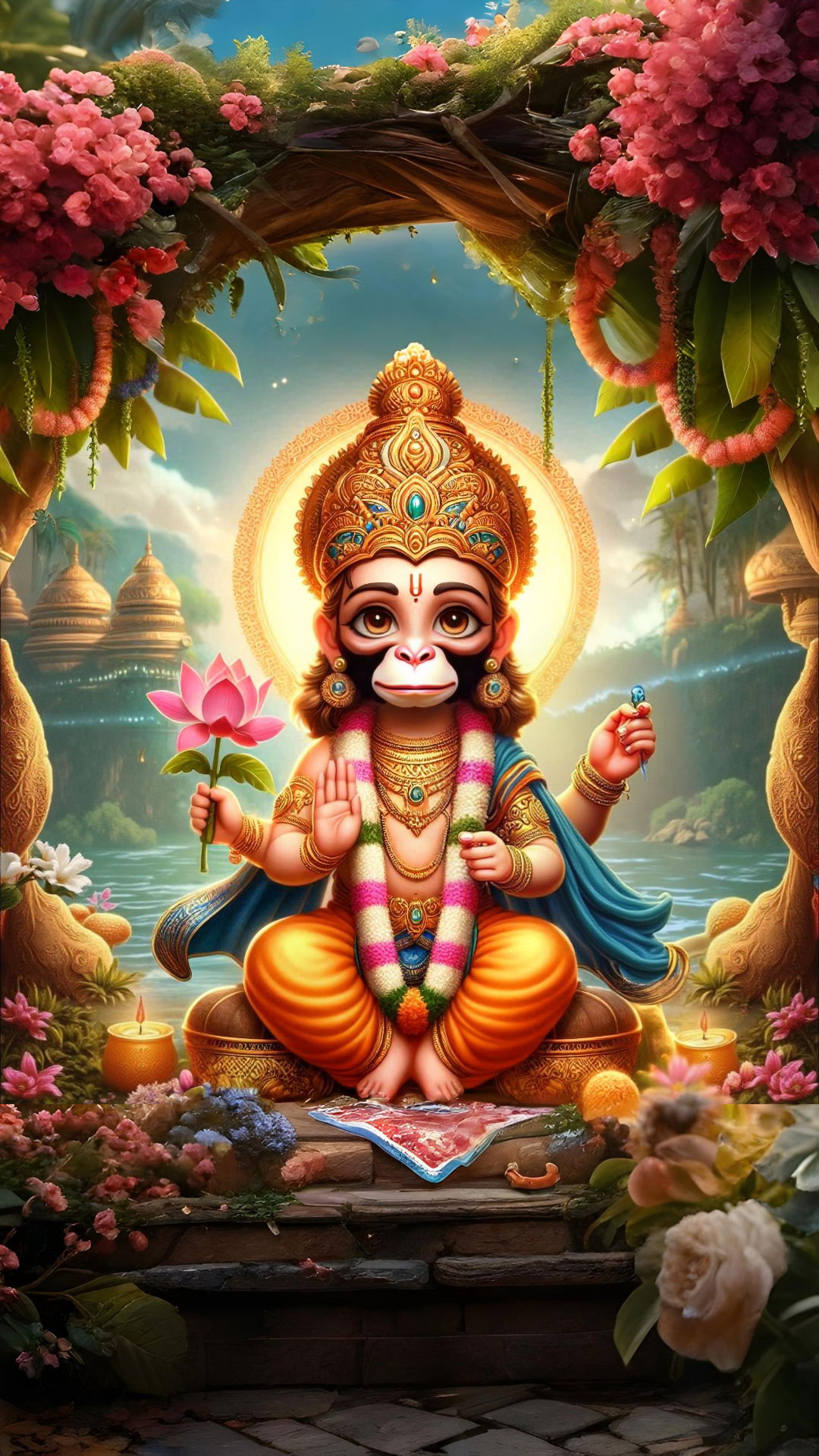 Hanuman seated with lotus in forest