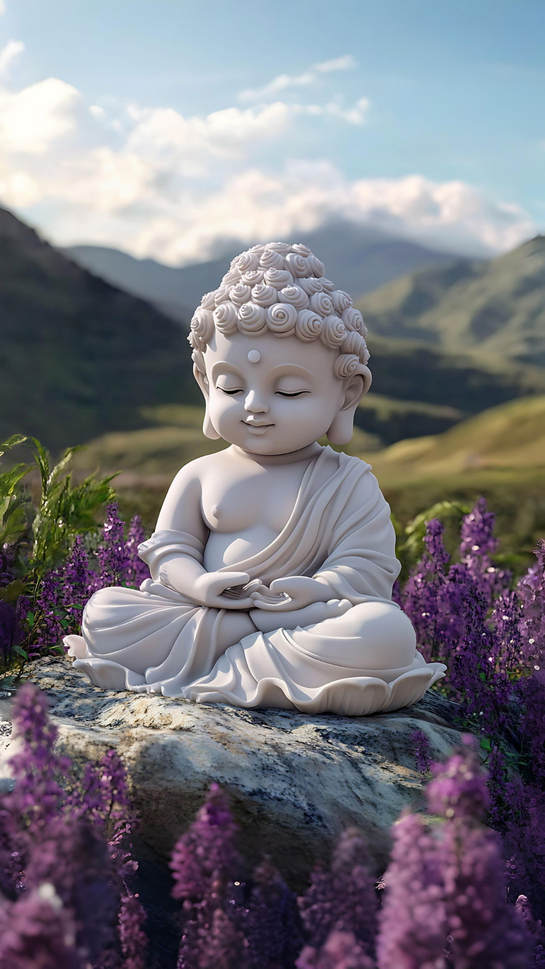 Buddha meditating in mountain landscape