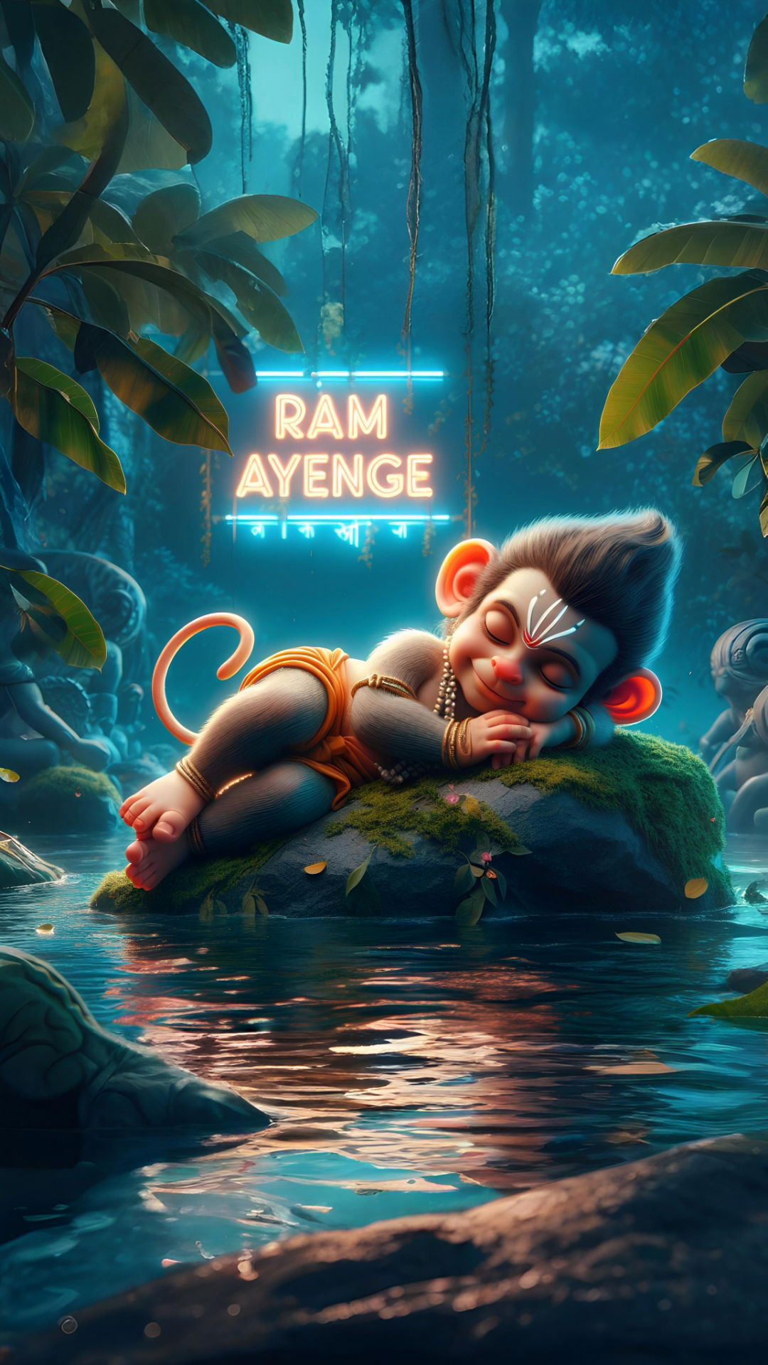 Sleeping Hanuman with Ram Ayenge neon sign