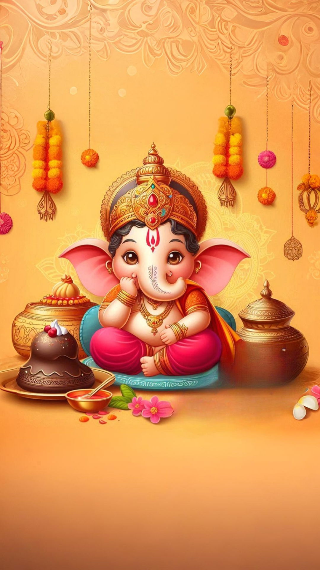 Lord Ganesha with modaks and flowers