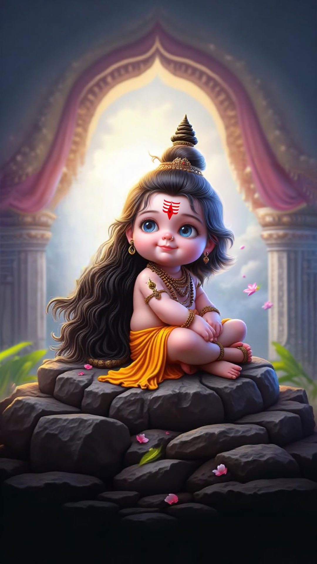 Cute baby Shiva seated on a rock