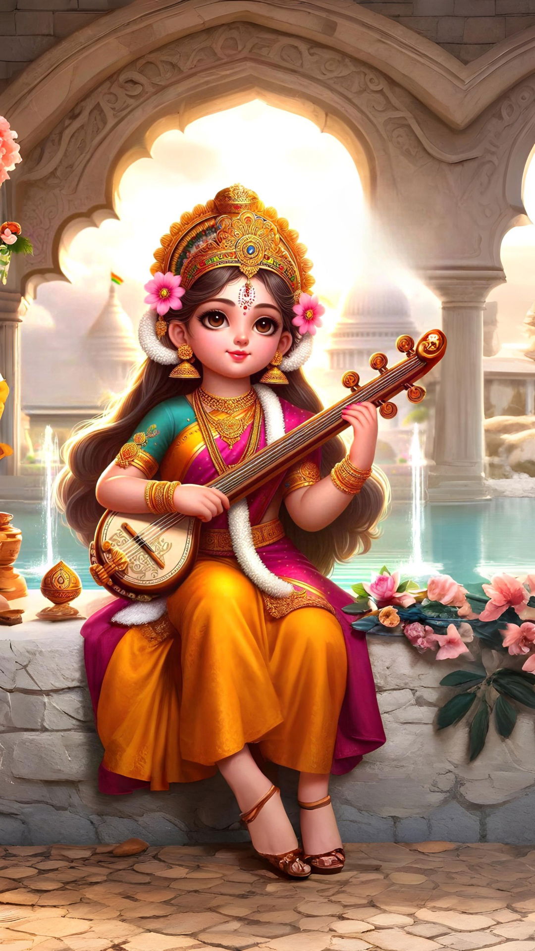 Saraswati playing the Veena in temple