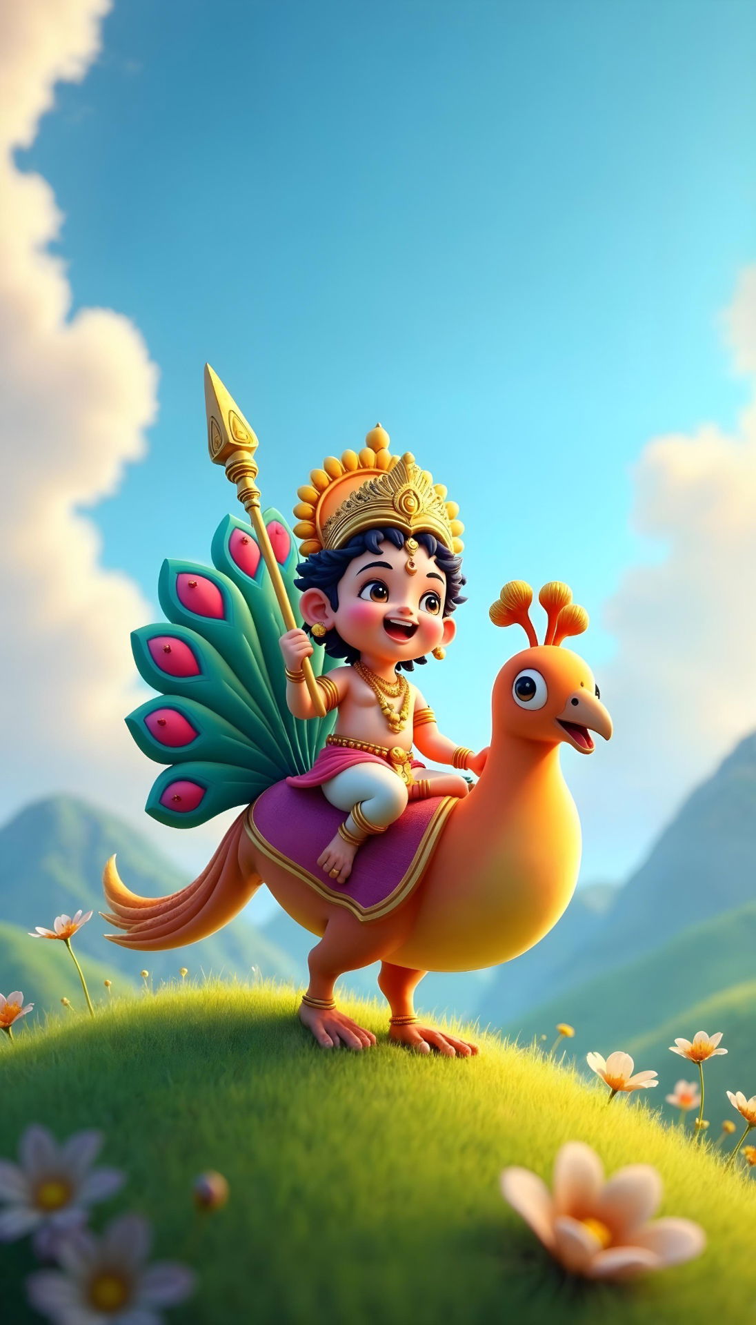 Kartikeya riding peacock, divine illustration.