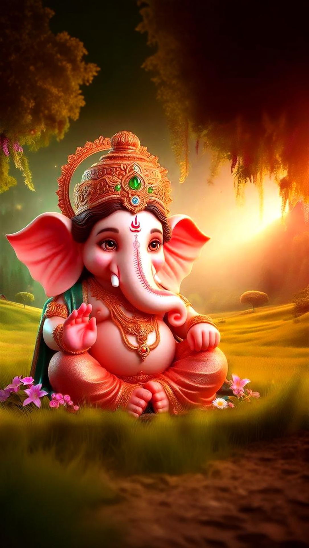 Lord Ganesha in a golden forest setting