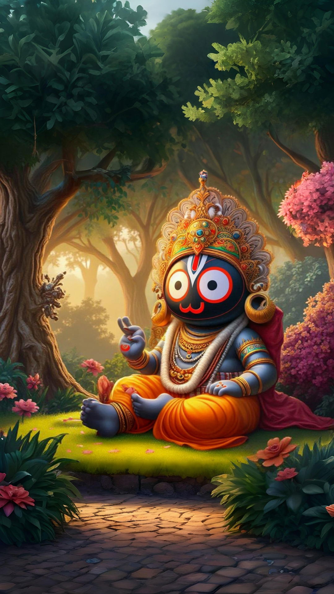 Lord Jagannath in a lush forest scene