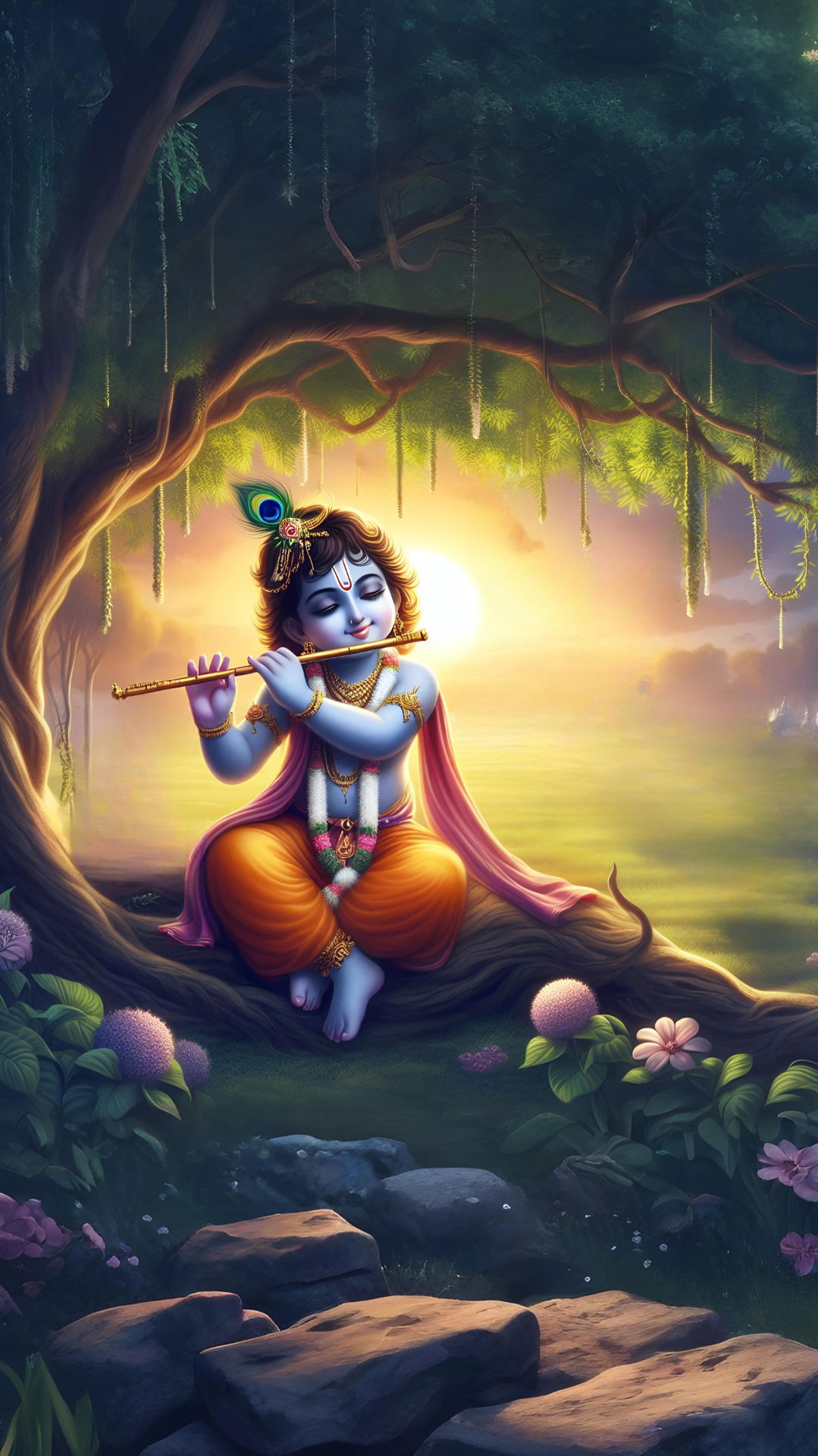 Krishna playing flute in forest