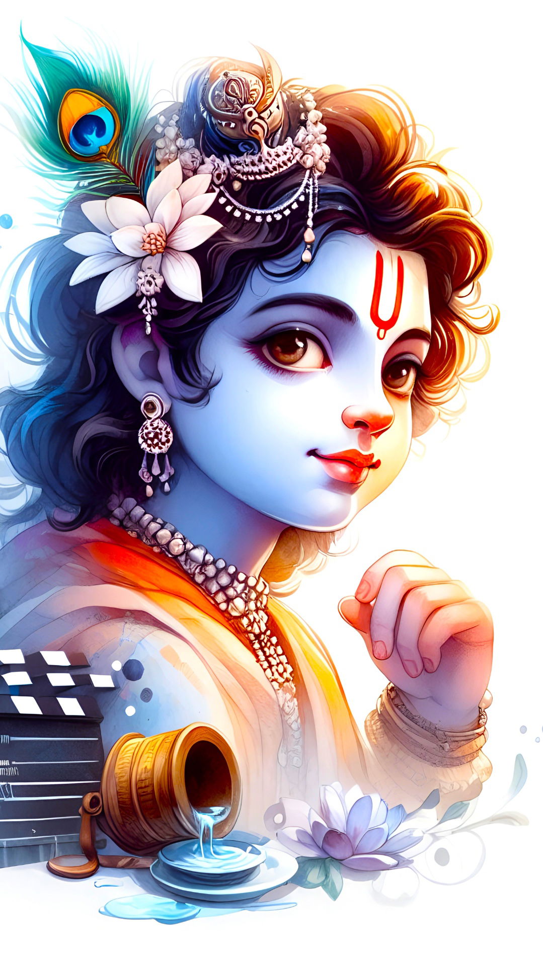 Baby Krishna with flute and flowers.