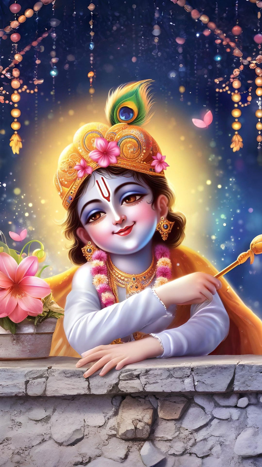 Smiling baby Krishna with flute