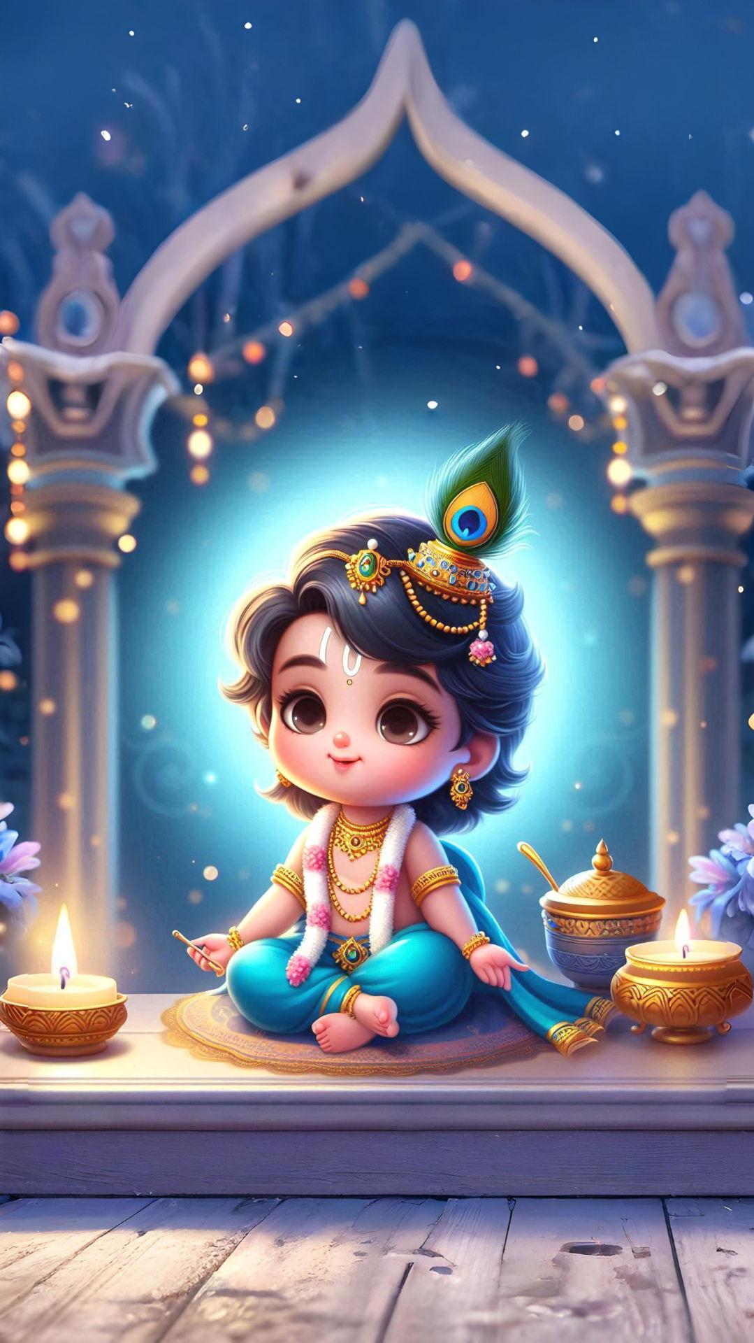 Baby Krishna with a flute and peacock feather.